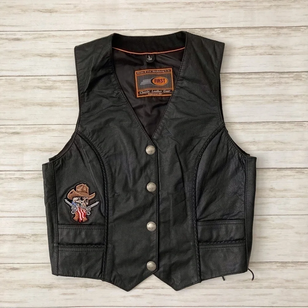 MFG First Manufacturing Co Inc Leather Gear Lace Up Biker Riding Vest | Size L